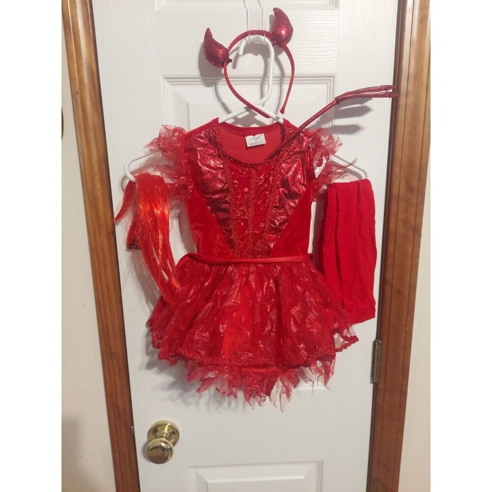 Spirit Devil Halloween Costume Dress Headband Tights Hair Pitchfork Size 2T - Picture 2 of 10